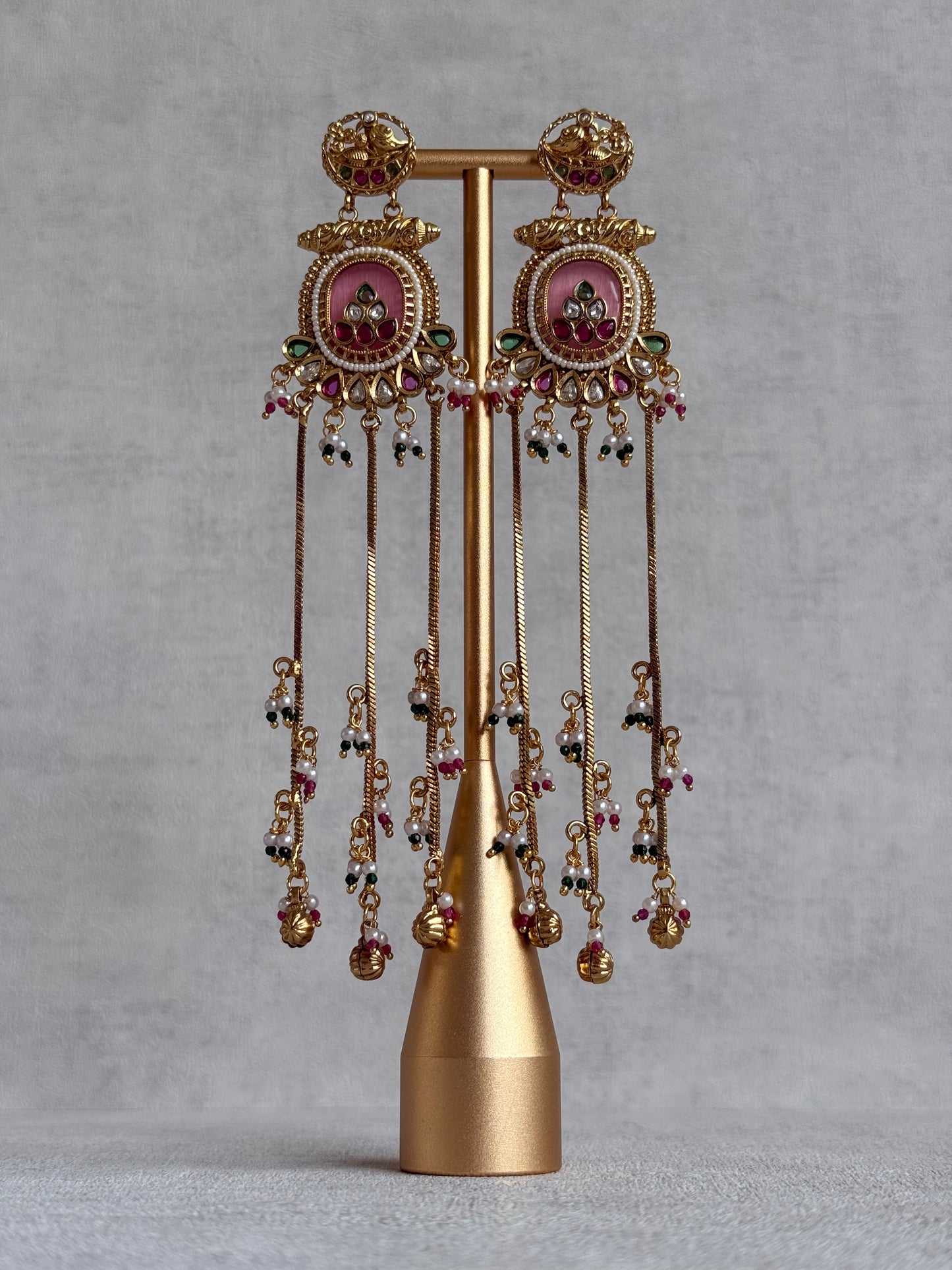 Ayura Designs Kaveri Earrings – Gold Long Chain Drop Earrings with Kundan, Pearls & Ghungroo Detailing – Rose Pink