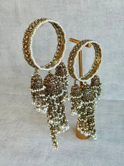Ayura Designs Arsh Kangan – Pearl Studded Statement Bangles with Jhumki Tassels