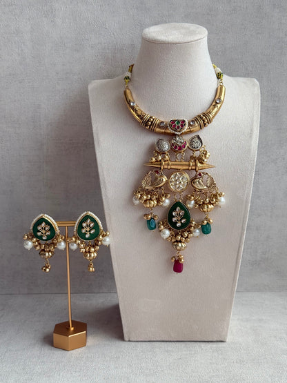 Ayura Designs Zaqsh Collar Necklace Set with Earrings – Antique Gold Peacock Pendant with Emerald Green Stones & Pearl Detailing