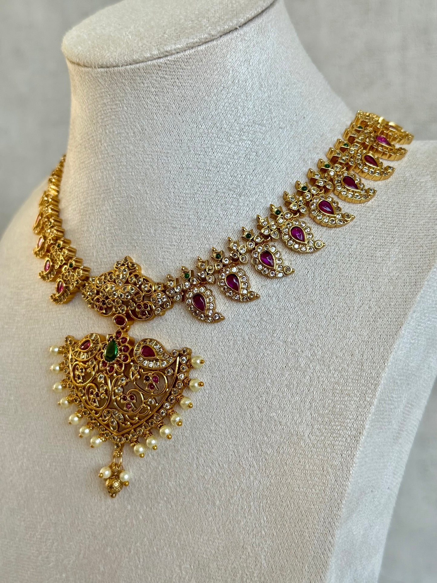 Ayura Designs Joya Set with Necklace, Earrings & Tikka – Kundan Detailing, Pink & Green Stones with Pearl Drops