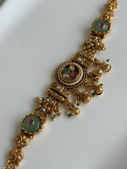 Ayura Designs Pravya Bracelet – Gold Bracelet with Mint, Pink & Green Stones & Ghungroo Detailing