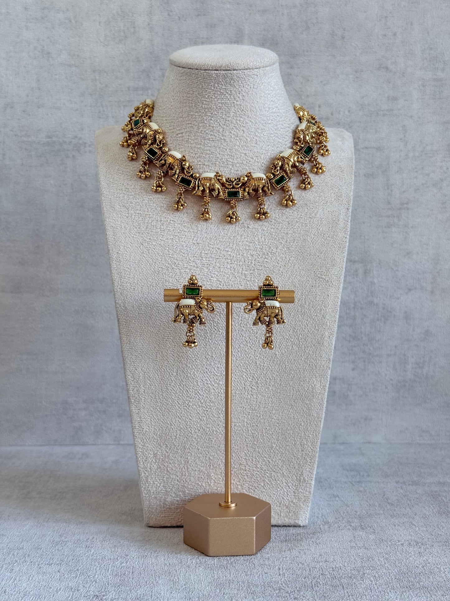 Ayura Designs Ruva Necklace Set with Earrings – Gold Finish, Emerald Green Stones, Ivory Detailing & Elephant Motifs