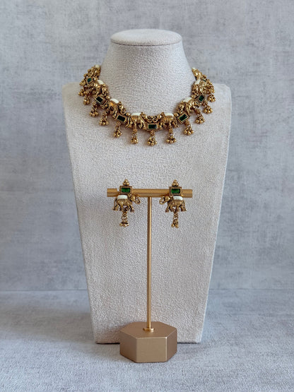 Ayura Designs Ruva Necklace Set with Earrings – Gold Finish, Emerald Green Stones, Ivory Detailing & Elephant Motifs