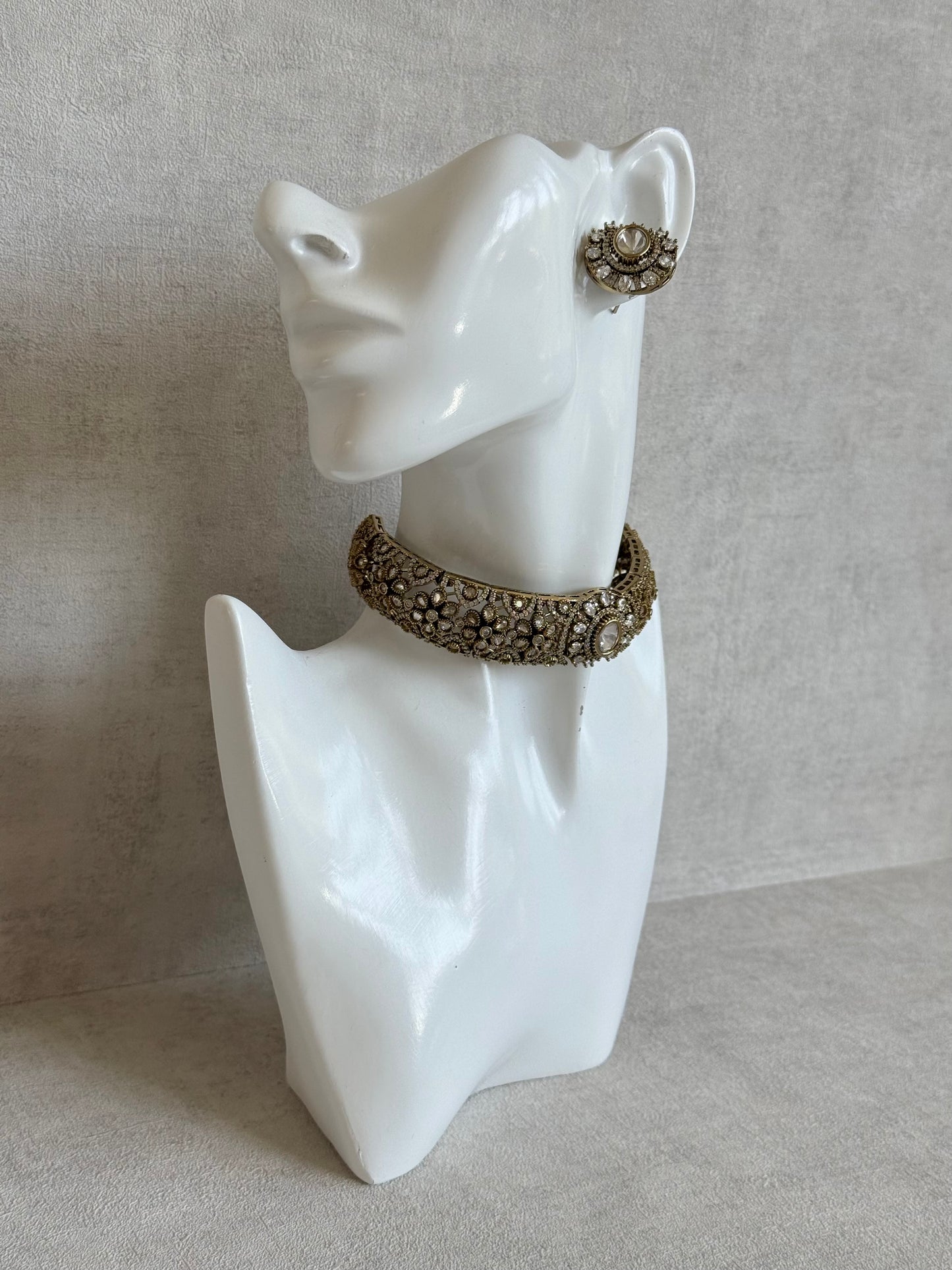 Ayura Designs Genevieve Choker Set with Studs – Crystal Kundan in Antique Gold