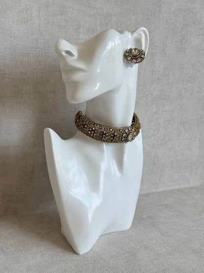 Ayura Designs Genevieve Choker Set with Studs – Crystal Kundan in Antique Gold
