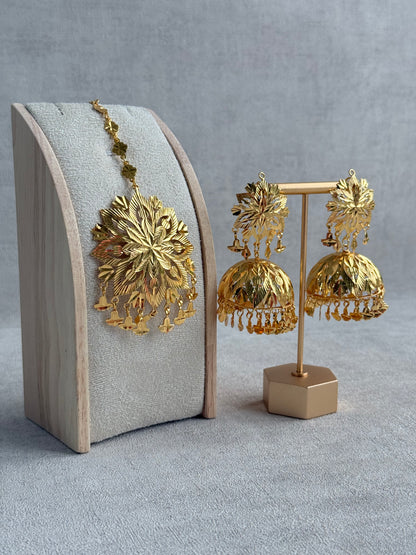 Ayura Designs Mutiyar Tikka Set with Jhumkis – Gold Floral Design with Pippal Patti Drops