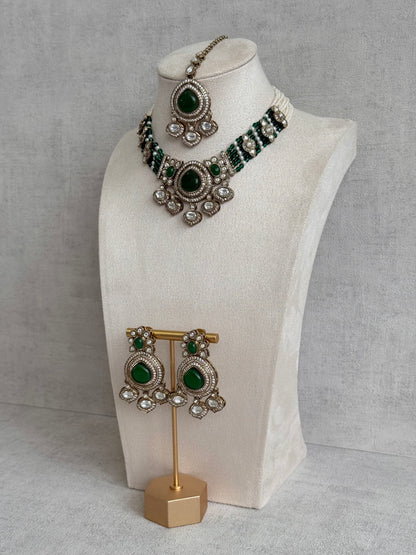 Ayura Designs Rahi Necklace Set with Earrings & Tikka – Emerald Green Stones with Mirror-Cut Detailing & Pearl Strands