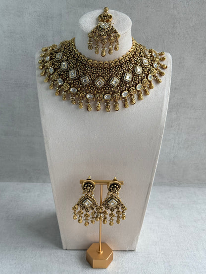 Ayura Designs Ehsaas Bridal Set with Earrings & Tikka – Kundan Stones, Pearls in Antique Gold Finish
