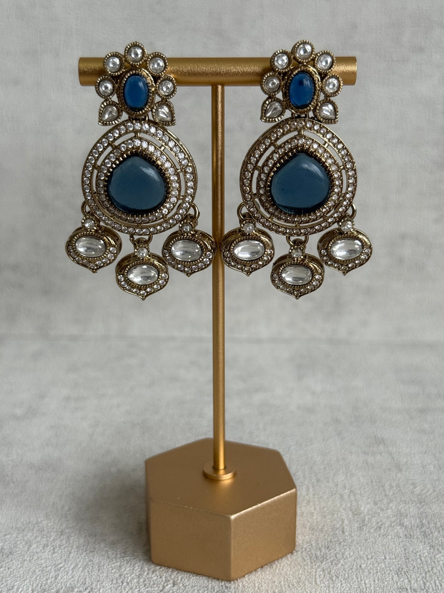 Ayura Designs Rahi Necklace Set with Earrings & Tikka – Ink Blue Stones with Mirror-Cut Detailing & Pearl Strands