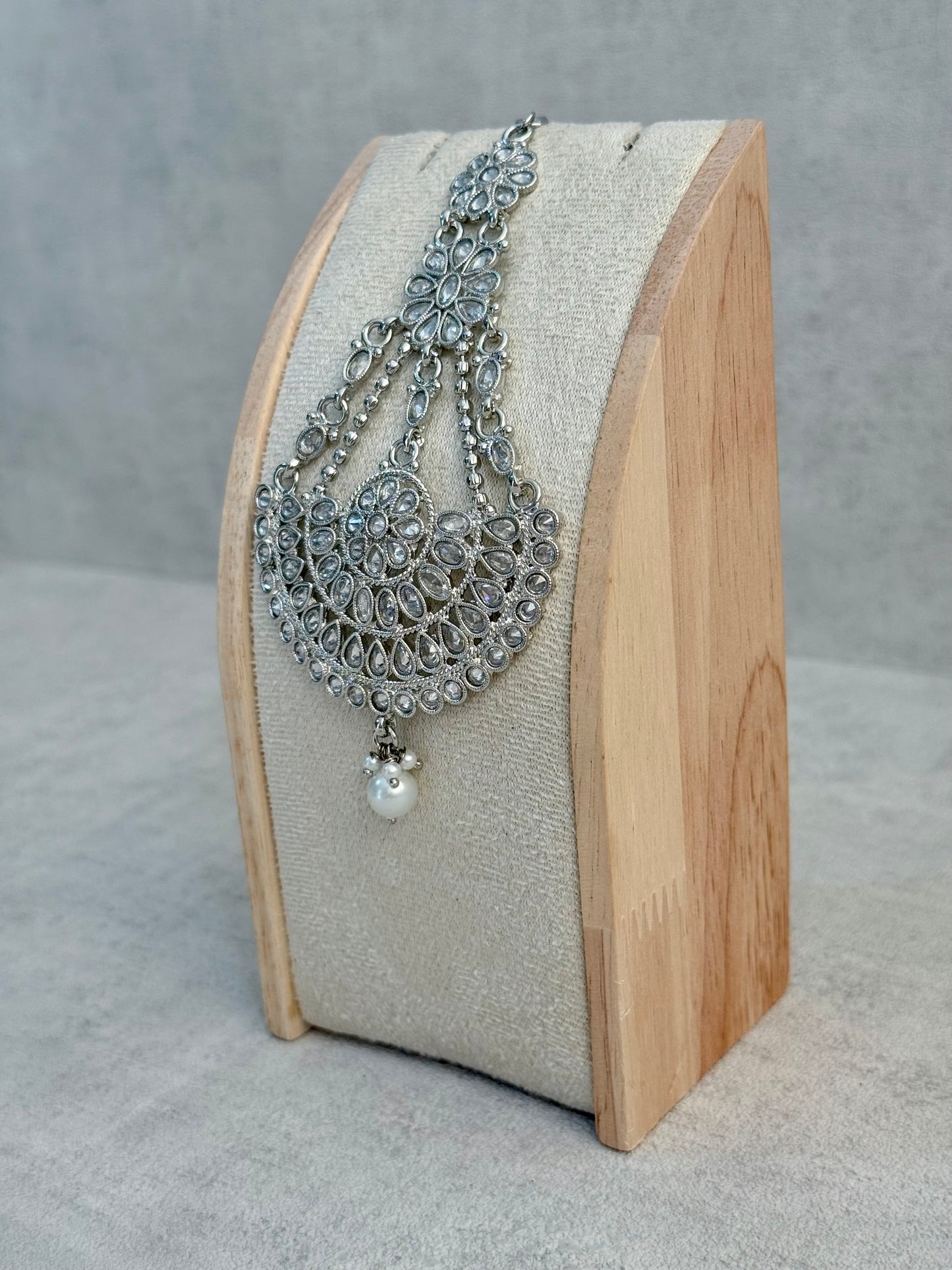 Ayura Designs Zeha Jhoomar Passa – Silver Finish with Mirror Cut Stones & Pearl Drop