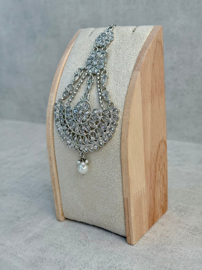 Ayura Designs Zeha Jhoomar Passa – Silver Finish with Mirror Cut Stones & Pearl Drop