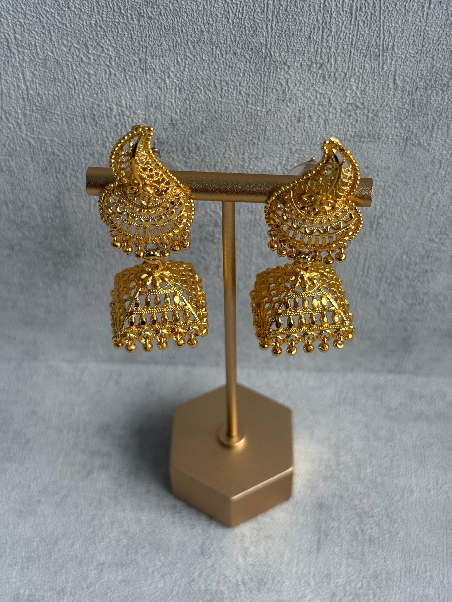 Ayura Designs Sonal Jhumkis – Antique Gold Filigree Earrings with Dome Detailing & Mini Ghungroos