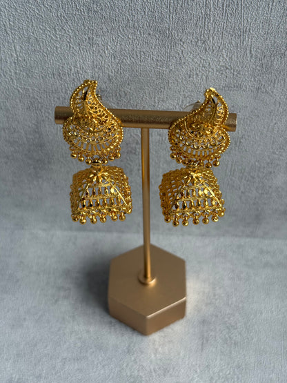 Ayura Designs Sonal Jhumkis – Antique Gold Filigree Earrings with Dome Detailing & Mini Ghungroos