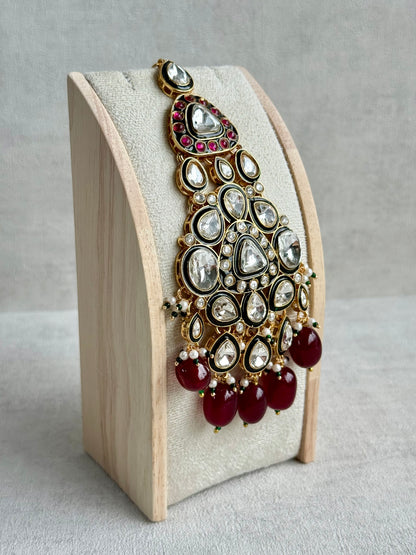 Ayura Designs Salma Jhoomar Passa – Ruby Red Beads with Kundan Stones & Antique Gold Finish