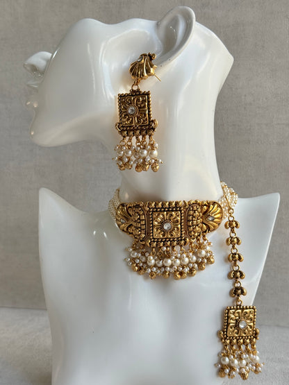 Ayura Designs Nabila Choker Set with Earrings & Tikka – Antique Gold Finish, Sea Shell Detailing, Pearls & Ghungroos