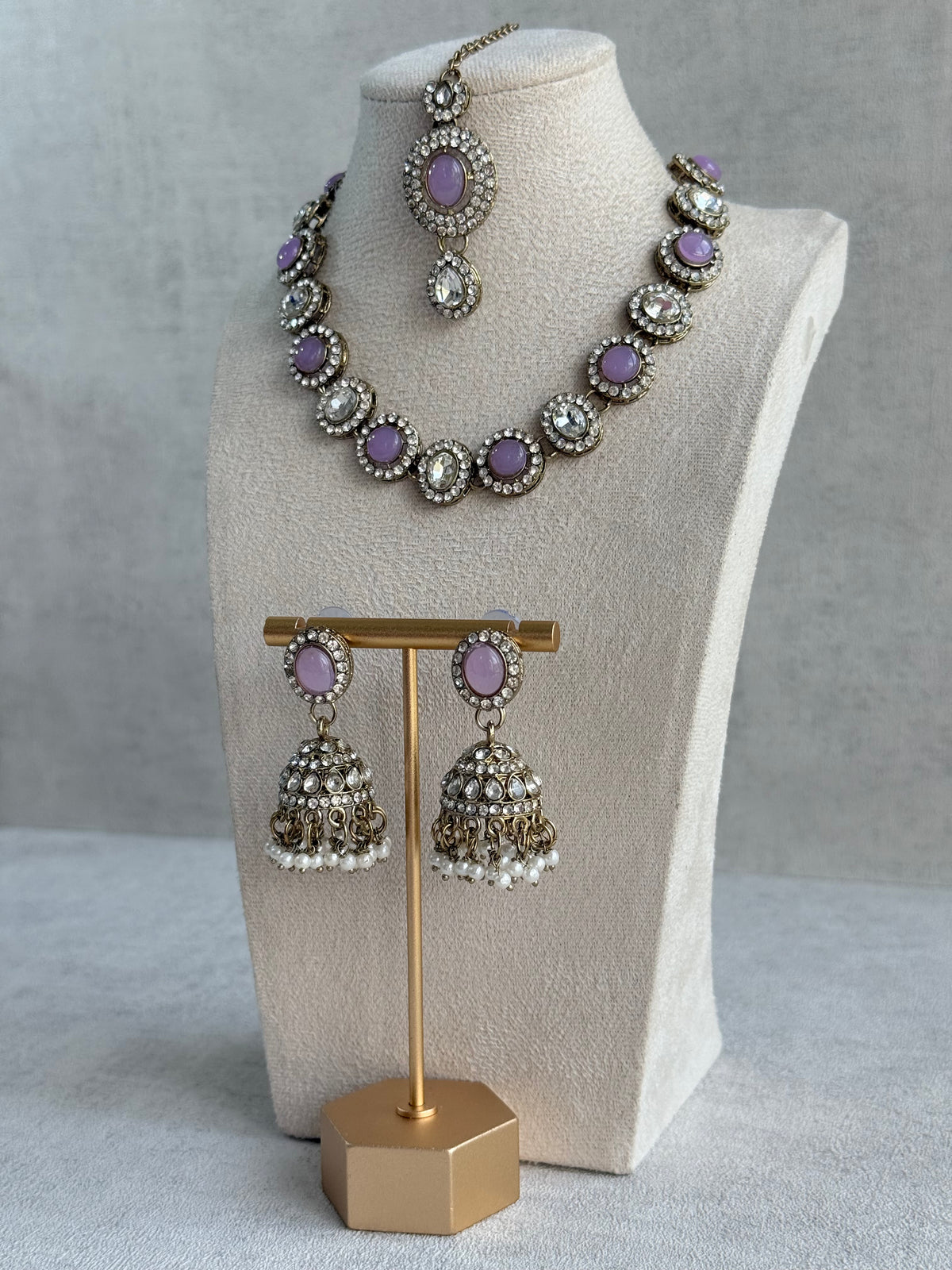 Ayura Designs Eira Necklace Set with Earrings & Tikka – Lilac & Crystal Stones with Antique Gold Finish