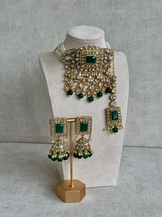 Ayura Designs Maya Set with Jhumkis & Tikka – Emerald Green Stones & Kundan Detailing