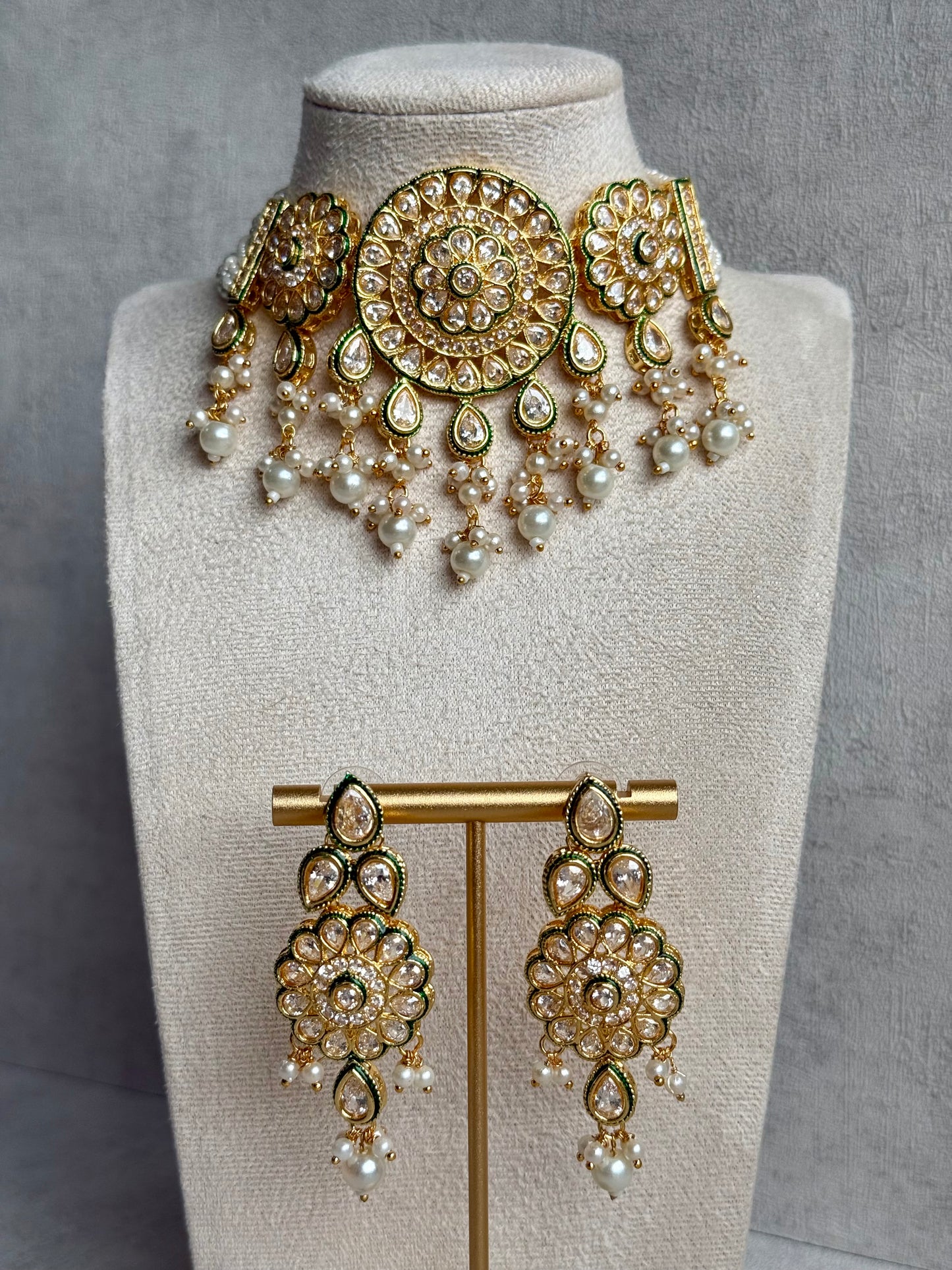 Ayura Designs Khusali Set – Necklace & Earrings with Kundan Stones, Green Enamel, and Pearl Detailing