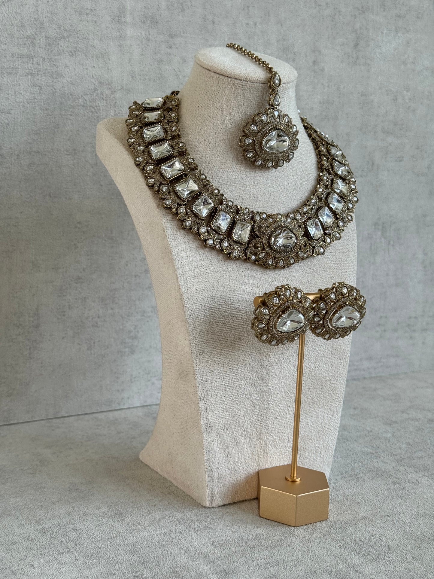 Ayura Designs Riva Set with Necklace, Studs & Tikka – All-Mirror Stones in Antique Gold