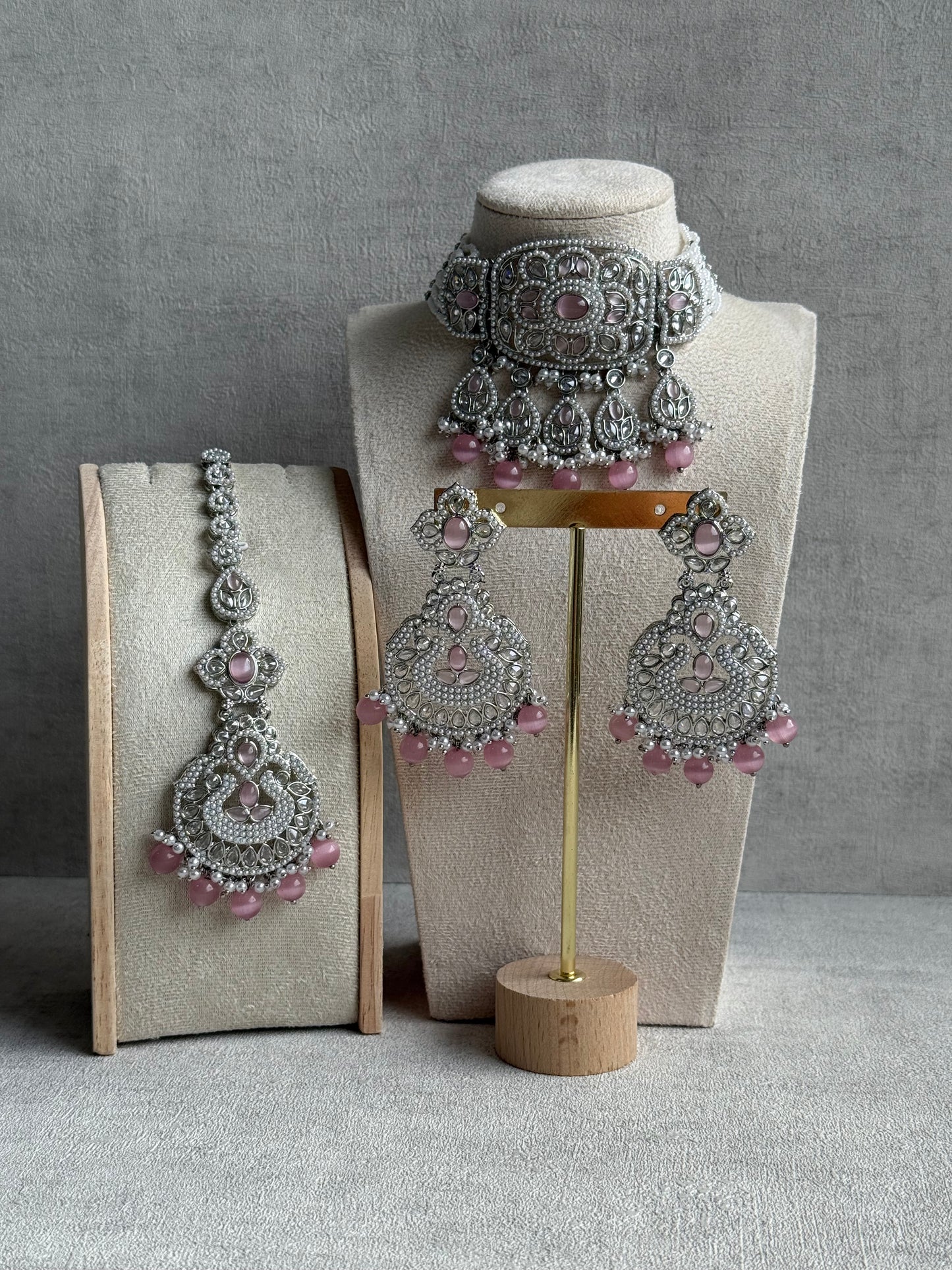 Ayura Designs Zarlish Set – Choker, Earrings & Tikka with Mirror-Cut Stones, Blush Pink Beads & Silver Finish