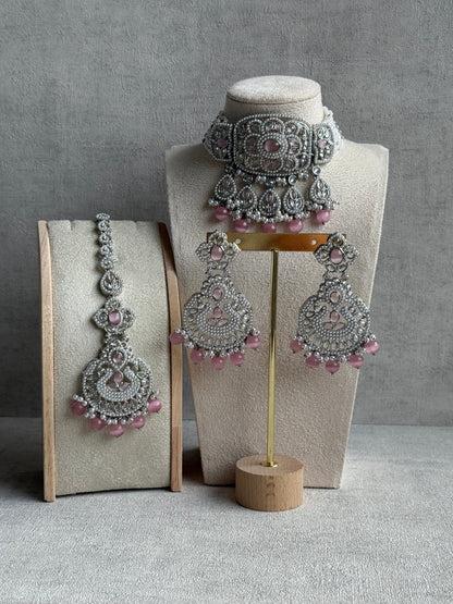 Ayura Designs Zarlish Set – Choker, Earrings & Tikka with Mirror-Cut Stones, Blush Pink Beads & Silver Finish