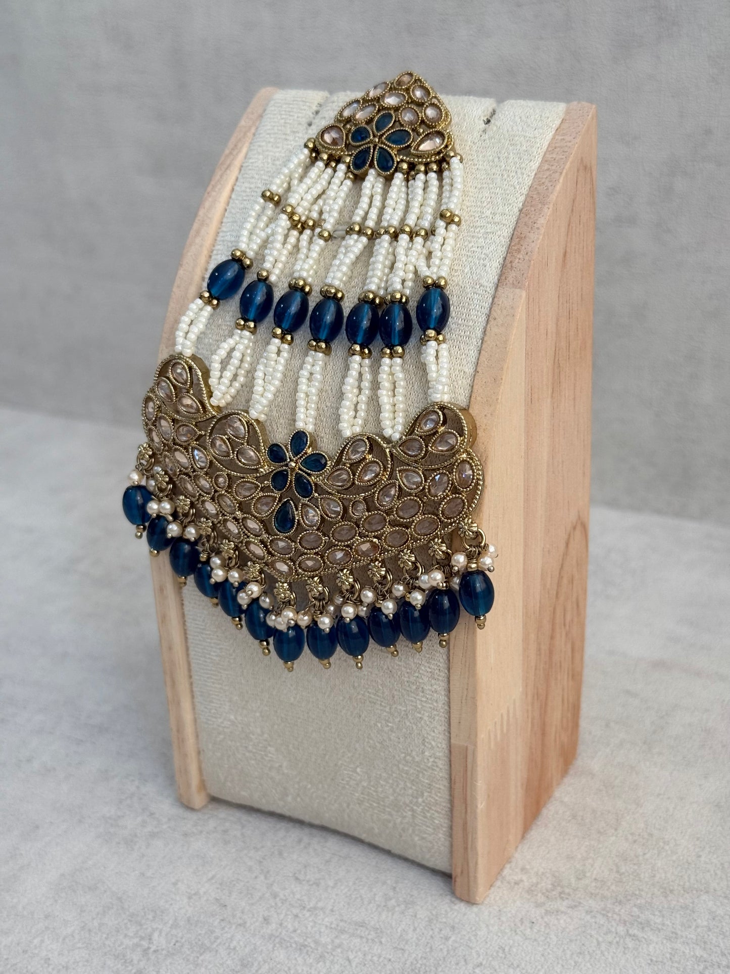 Ayura Designs Raya Jhoomar Passa – Ink Blue Beads with Kundan Detailing & Antique Gold Finish