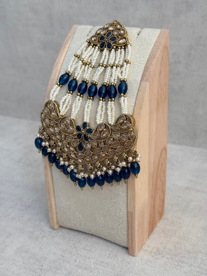 Ayura Designs Raya Jhoomar Passa – Ink Blue Beads with Kundan Detailing & Antique Gold Finish