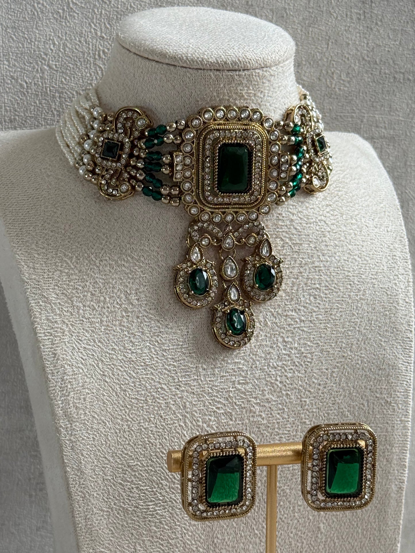 Ayura Designs Nabiha Choker Set with Studs – Emerald Green Stones, Pearl Detailing & Antique Gold Finish