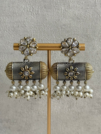 Ayura Designs Taal Necklace Set with Earrings & Tikka – Dual Tone Oxidised Mesh Necklace with Barrel Motifs & Pearl Detailing