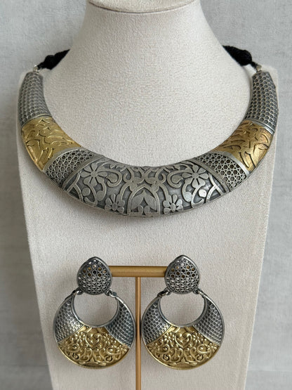 Ayura Designs Raahil Necklace Set with Earrings – Dual Tone Oxidised Statement Necklace with Floral Engraving & Cutwork Detailing
