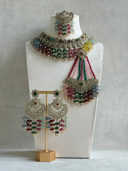 Ayura Designs Dilnaz Necklace Set with Earrings, Tikka & Passa – Multicolour Crystal Beads & Antique Gold Finish
