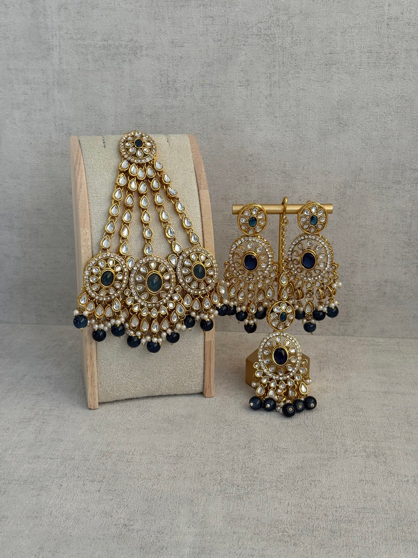 Ayura Designs Zara Set with Necklace, Earrings, Tikka & Passa – Antique Gold with Kundan Detailing & Ink Blue Stones & Beads