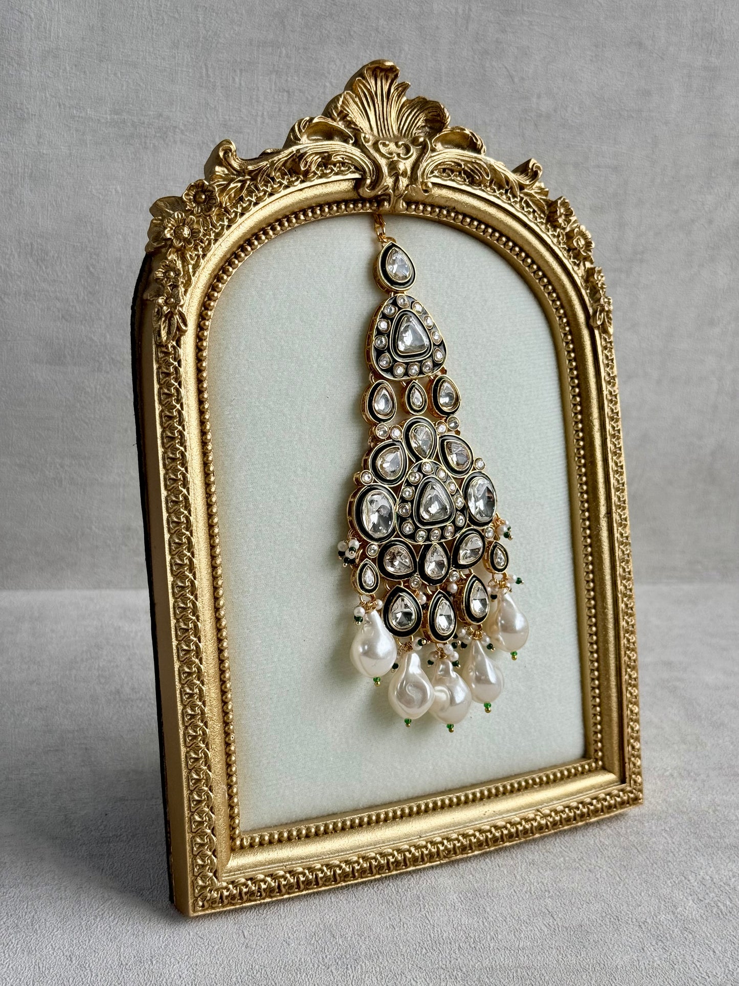 Ayura Designs Salma Jhoomar Passa – Kundan Teardrop Stones with Baroque Pearl Drops & Antique Gold Finish