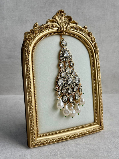 Ayura Designs Salma Jhoomar Passa – Kundan Teardrop Stones with Baroque Pearl Drops & Antique Gold Finish