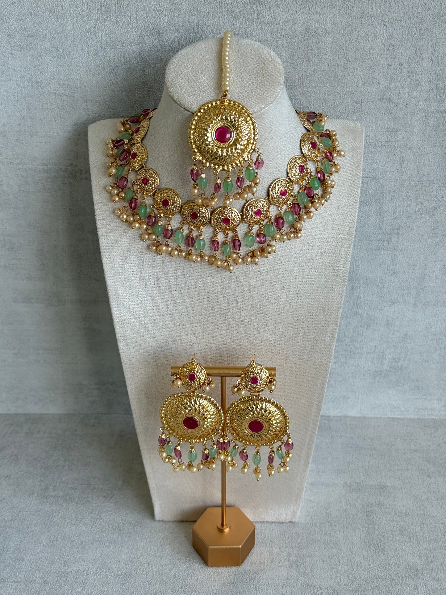 Ayura Designs Jyoti Set with Earrings & Tikka – Gold Disc Necklace with Ruby Pink, Mint Green & Pearl Detailing