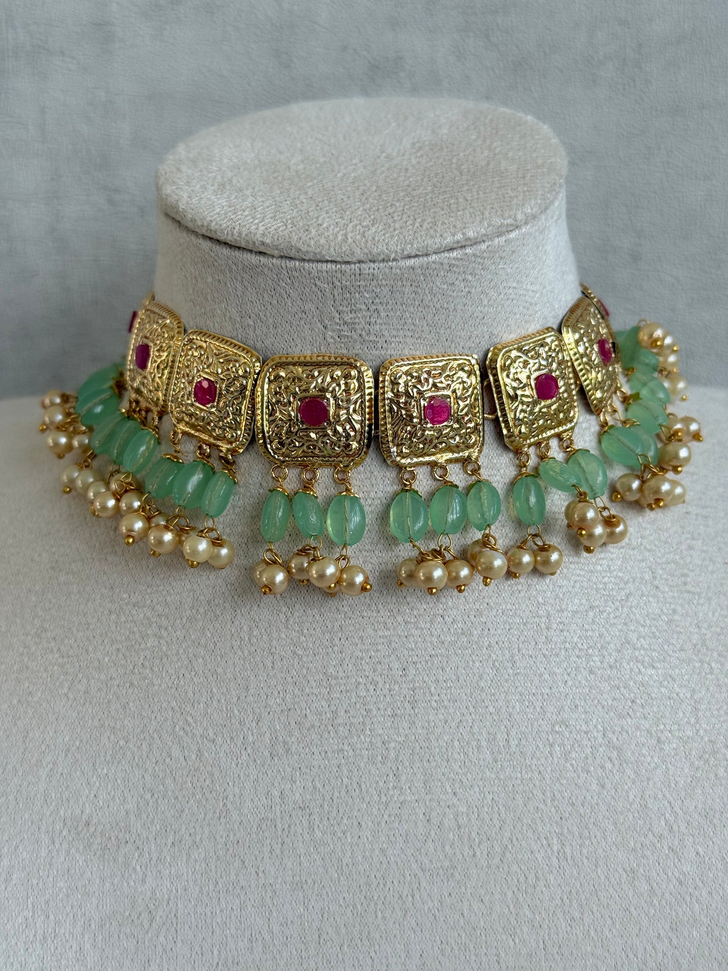 Ayura Designs Chetna Choker Set with Earrings & Tikka – Mint Green Beads, Cream Pearl Drops with Pipal Patti Detailing
