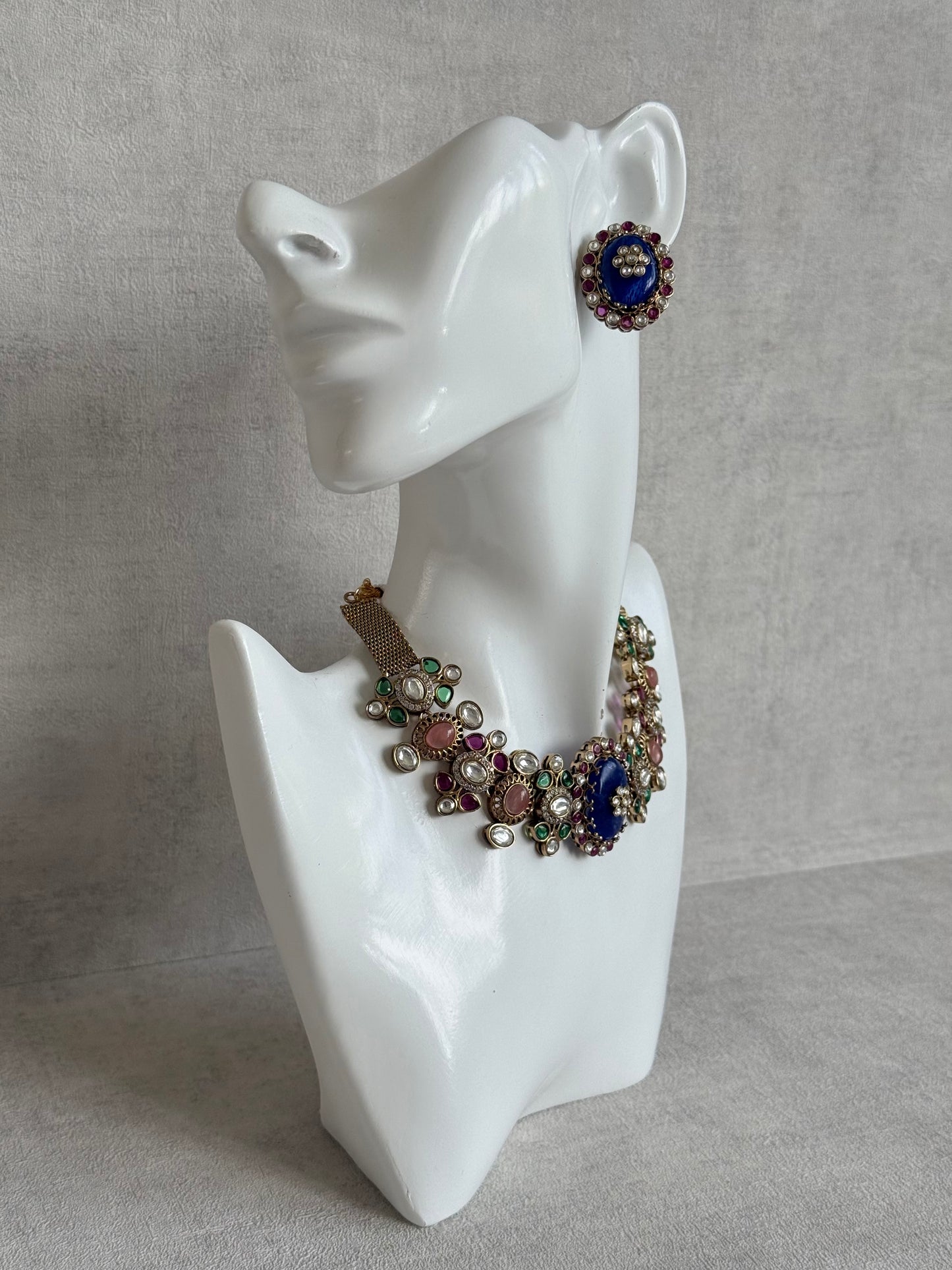 Ayura Designs Nova Necklace Set with Stud Earrings – Sapphire Blue Centre Stone, Kundan Detailing & Multicolour Gemstone Accents