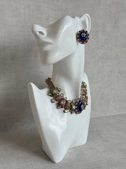 Ayura Designs Nova Necklace Set with Stud Earrings – Sapphire Blue Centre Stone, Kundan Detailing & Multicolour Gemstone Accents