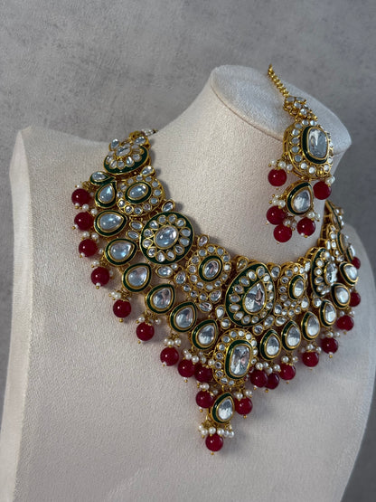 Ayura Designs Jashan Set with Necklace, Earrings, Tikka & Passa – Kundan Detailing, Pearl Drops & Ruby Red Beads