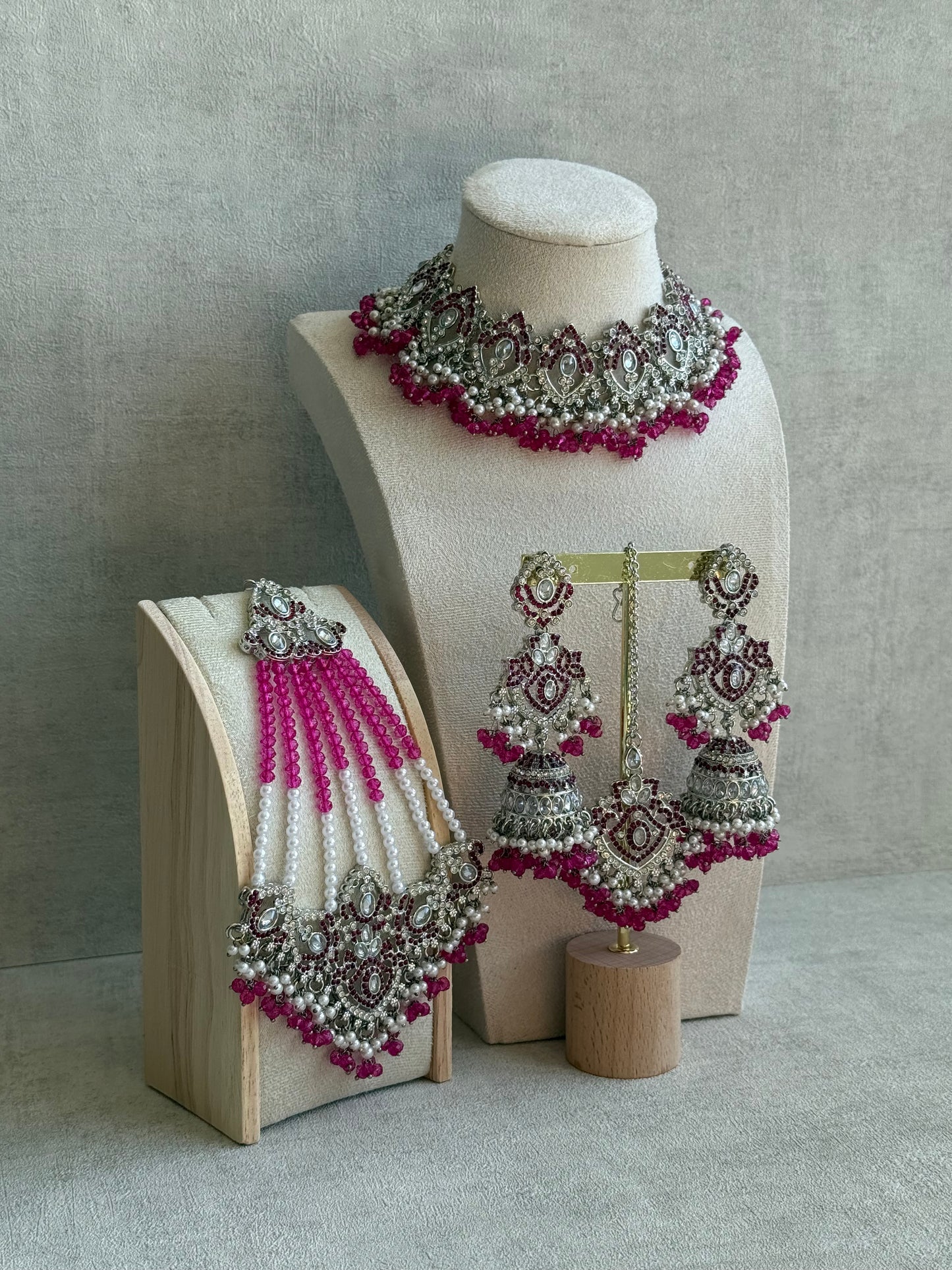 Ayura Designs Wania Set with Jhumkis, Tikka & Passa – Fuchsia Beads, Mirror-Cut Stones & Antique Silver Finish