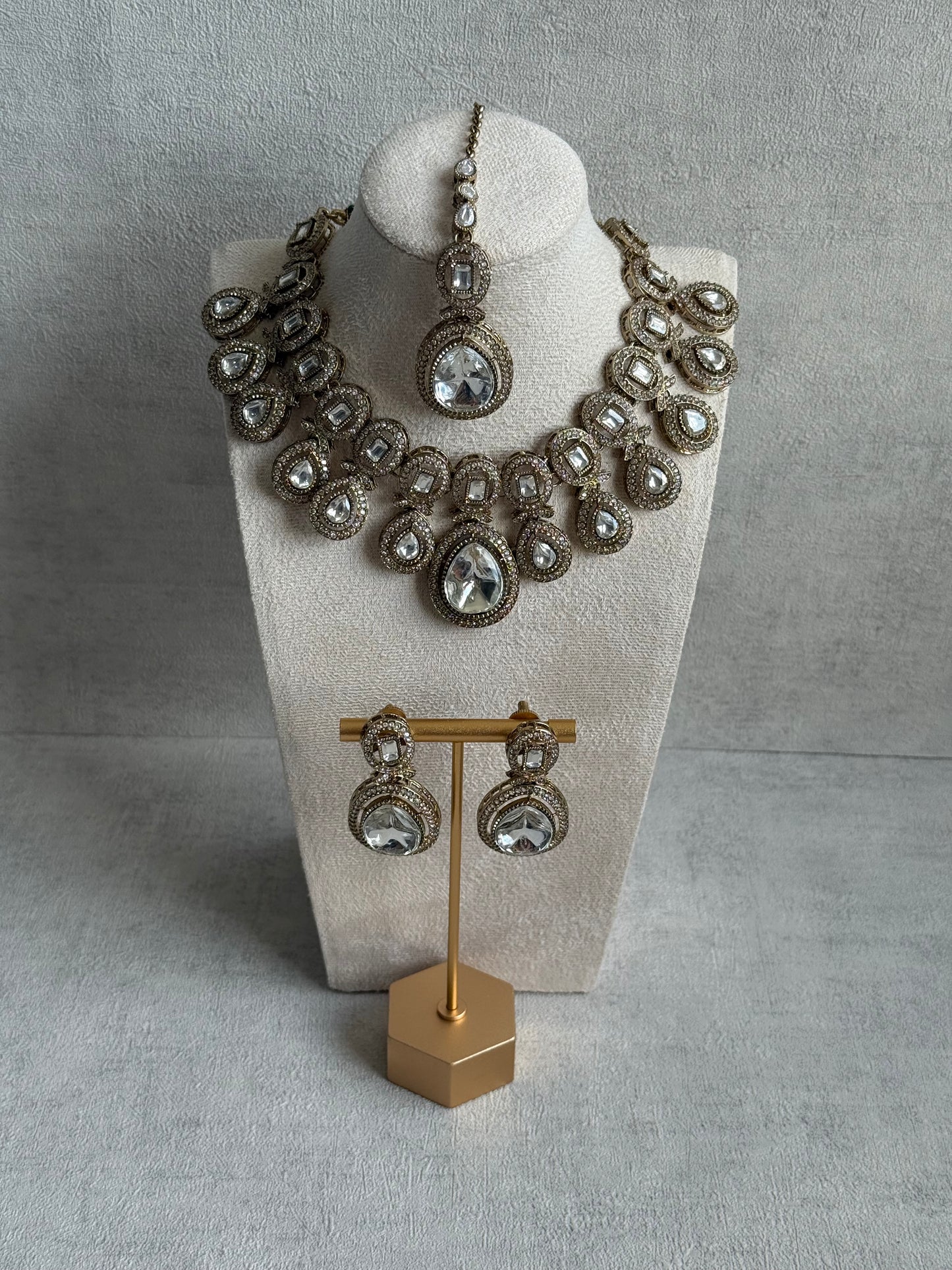 Ayura Designs Aurora Set with Earrings & Tikka – Silver Mirror-Cut Stones & Antique Gold Finish