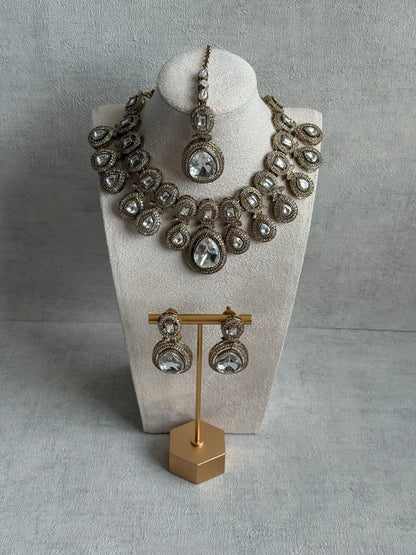 Ayura Designs Aurora Set with Earrings & Tikka – Silver Mirror-Cut Stones & Antique Gold Finish