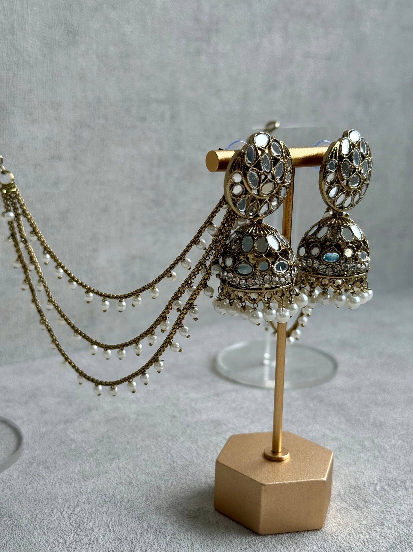 Ayura Designs Aaina Jhumkis – Antique Gold Mirror-Cut Dome Earrings with Detachable Pearl Sahare