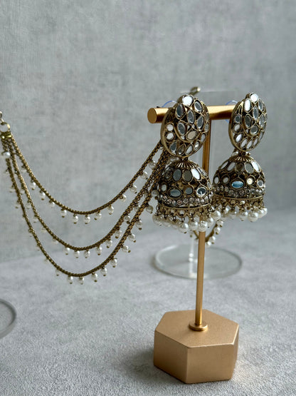 Ayura Designs Aaina Jhumkis – Antique Gold Mirror-Cut Dome Earrings with Detachable Pearl Sahare