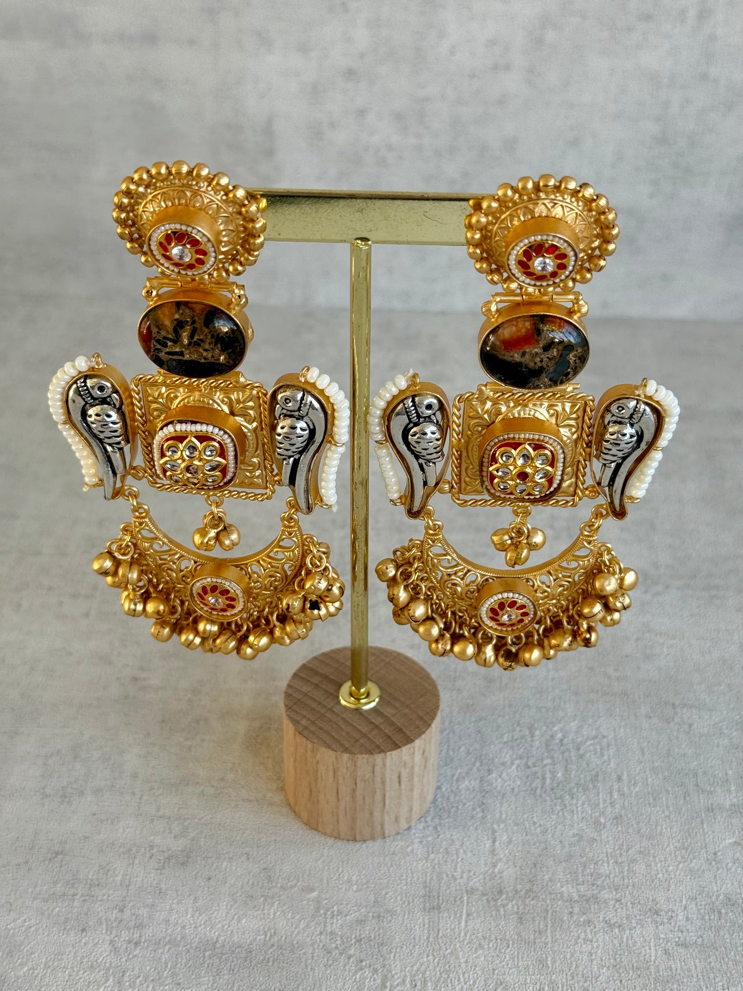 Ayura Designs Soha Earrings – Antique Gold with Smoky Amber Stone & Oxidised Parrots