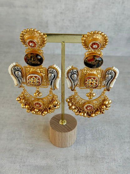 Ayura Designs Soha Earrings – Antique Gold with Smoky Amber Stone & Oxidised Parrots