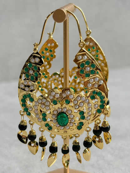 Ayura Designs Nimrat Balis – Emerald Green & Ivory Pearls with Pippal Patti & Gold Finish