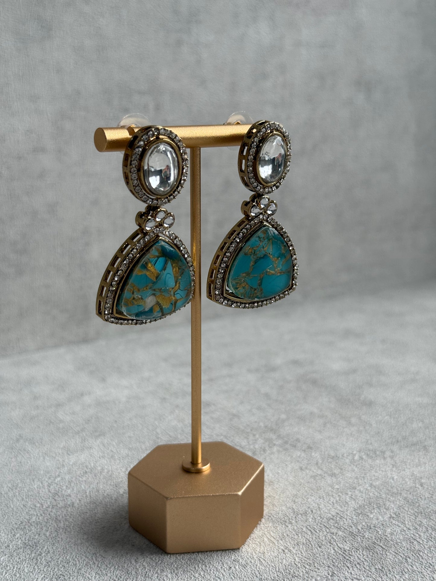 Ayura Designs Florence Earrings – Mirror Cut Studs with Turquoise Marble Resin & Crystal Borders