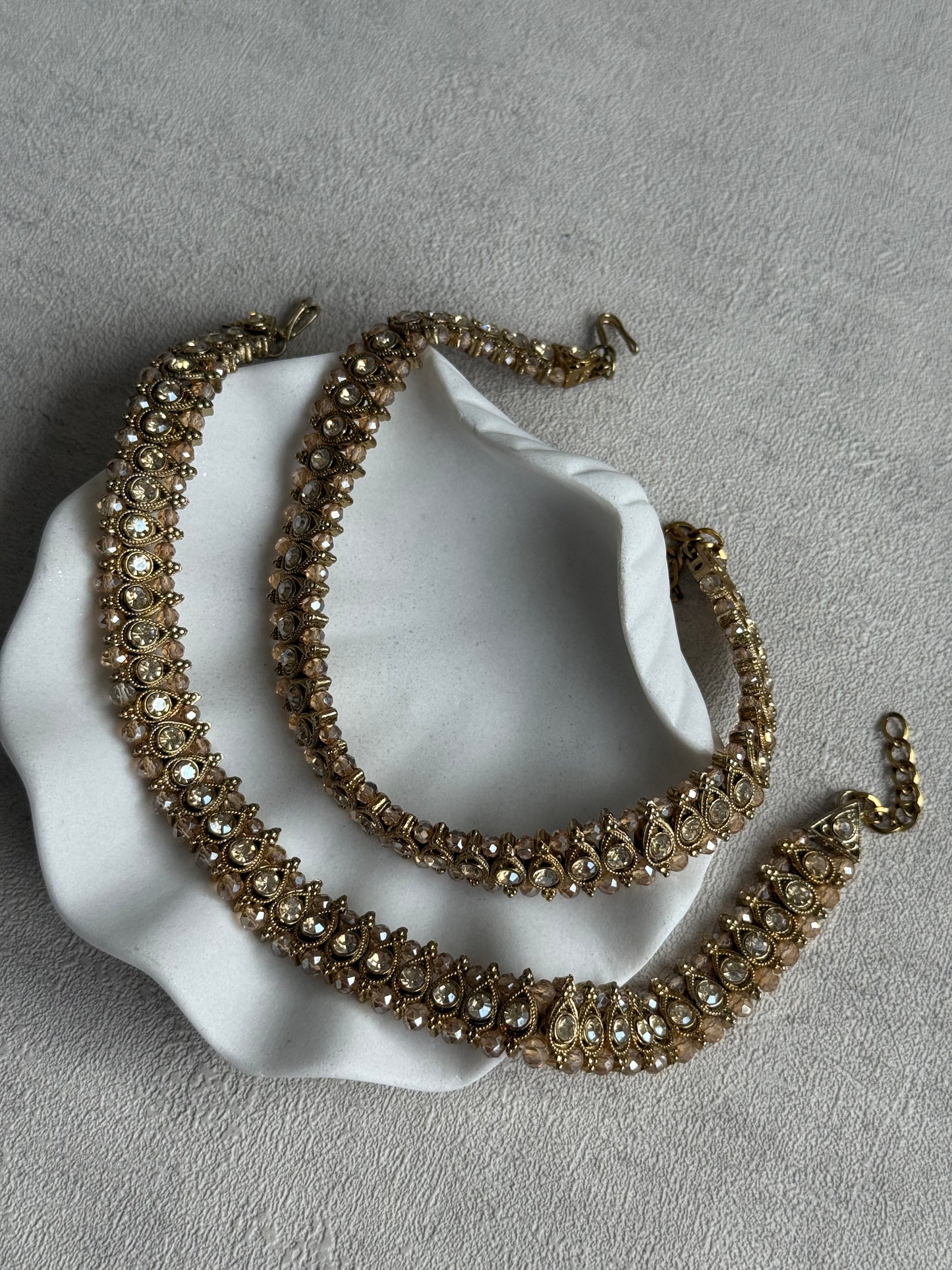 Ayura Designs Chandni Payals – Kundan Anklets with Champagne Crystals & Antique Gold Finish