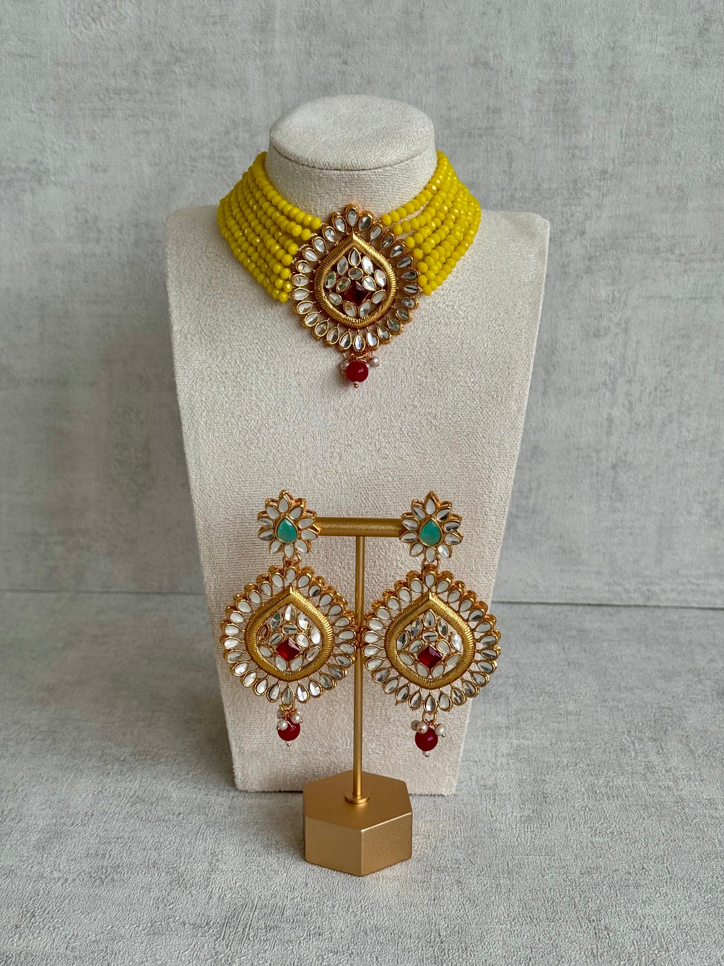 Ayura Designs Baani Kundan Choker with Earrings – Ruby Red Stones, Yellow Strands & Pearl Detailing